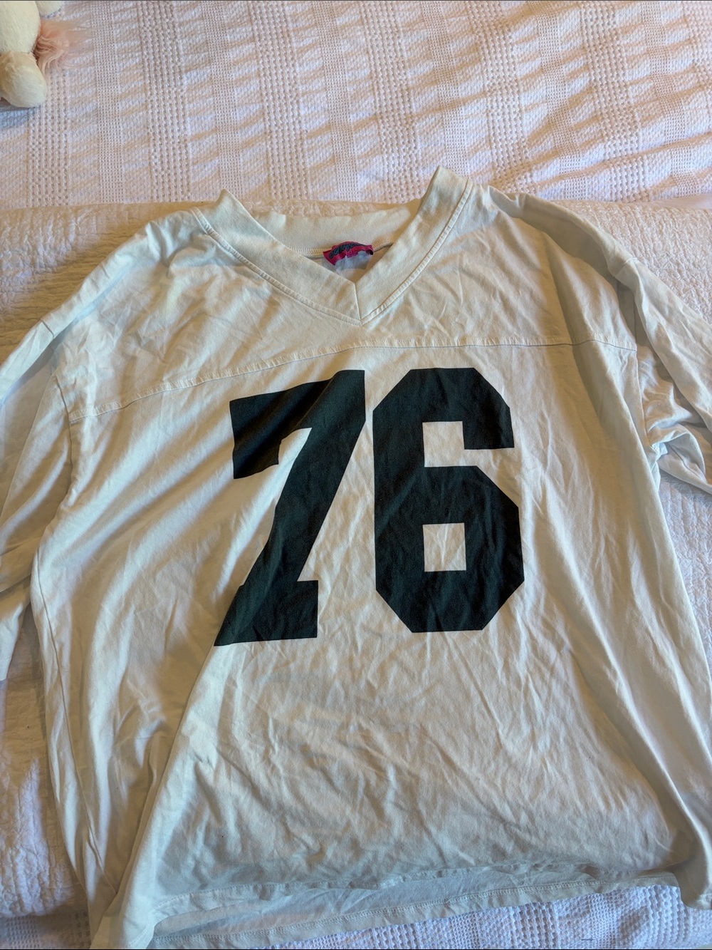Womens Long-Sleeve V-Neck Shirt with '76' Graphic - White